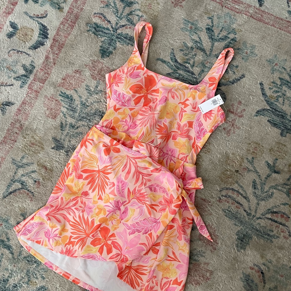 Floral Pink and Orange Side Tie Swim Dress Old Navy